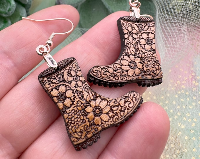 Floral Garden Boot Earrings laser cut from cherry wood