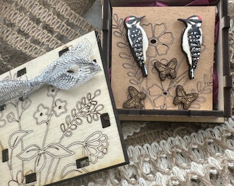 Downy Woodpecker Earrings in a wood gift box
