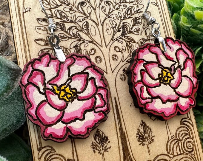 Peony Dangle Earrings in a wood gift box