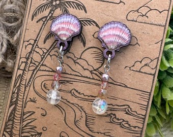 Scallop Sea Shell Wood and Czech Glass Earrings