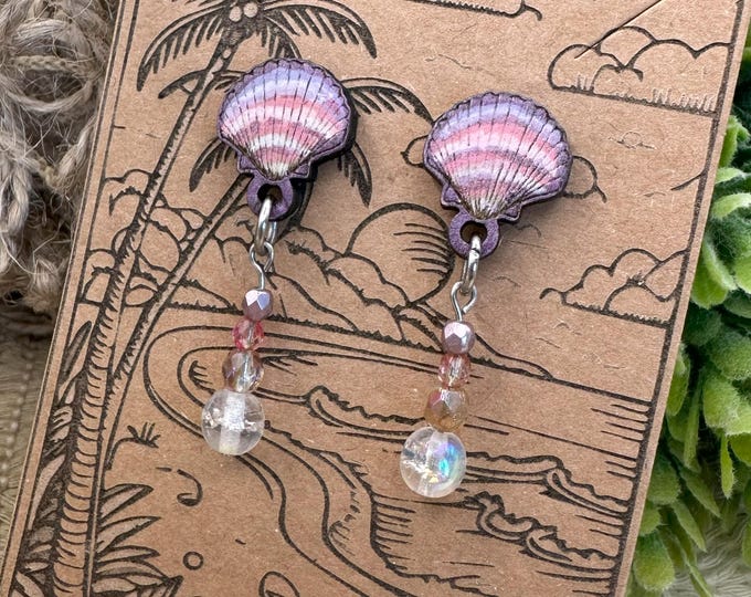 Scallop Sea Shell Wood and Czech Glass Earrings