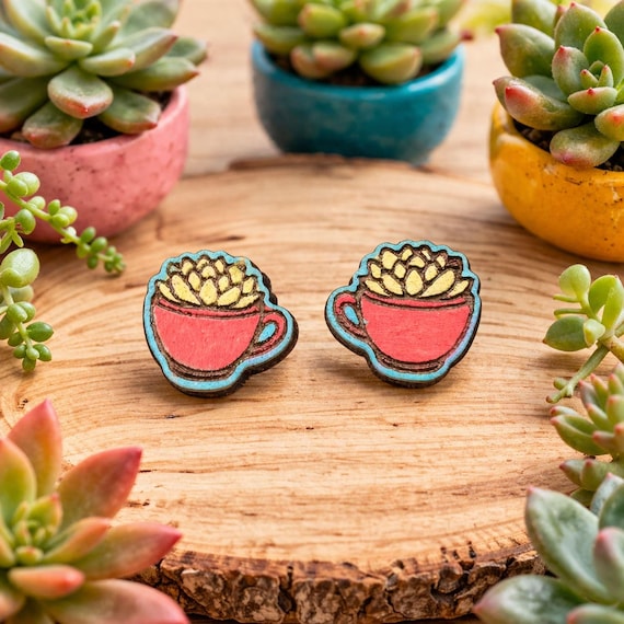 Succulent in a Teacup Stud Earrings – Hand Painted Wood Jewelry