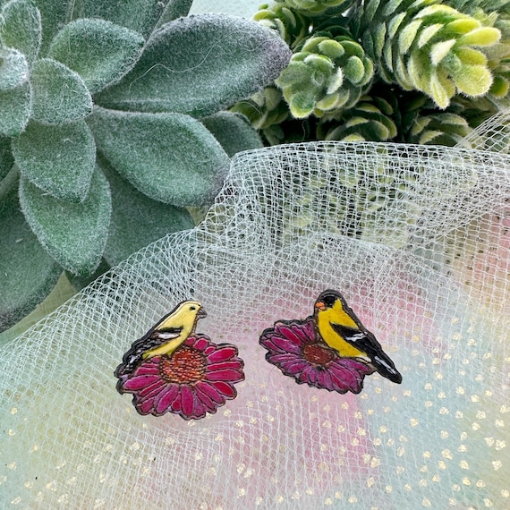 Goldfinch Earrings: Male and Female on Purple Coneflower