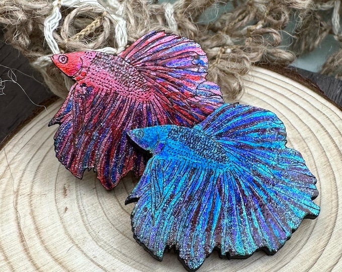 Blue or Red Betta Pins- Hand drawn, Laser Cut from Wood, and Hand Painted