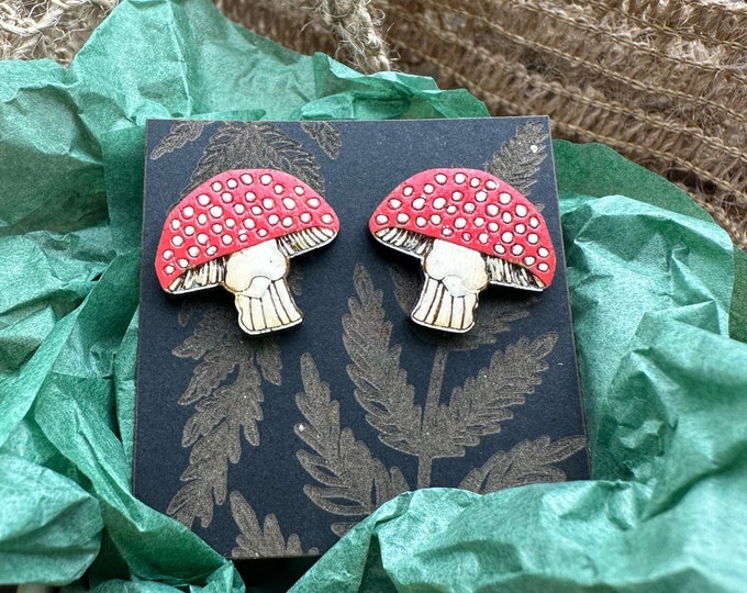 Mushroom Earrings in a wood gift box