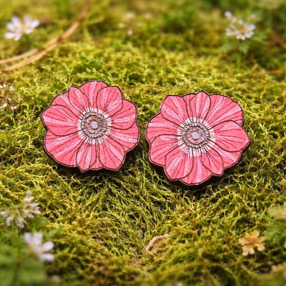 Red Anemone Flower Stud Earrings – Hand Painted Laser Cut Wood Jewelry