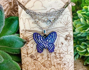 Blue and White Hand-painted Wood Butterfly Pendant on 18-inch Stainless Steel Chain