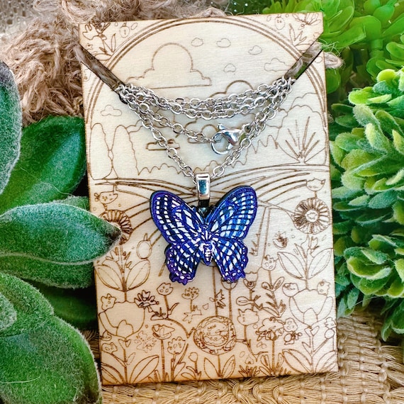 Blue and White Hand-painted Wood Butterfly Pendant and/or Earrings Stainless Steel