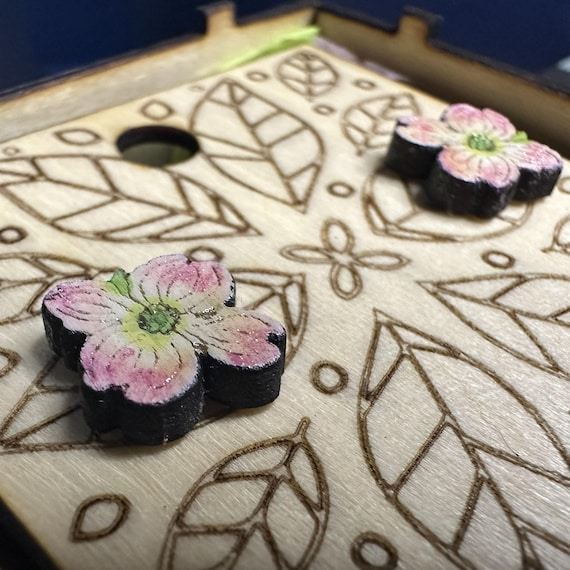 Dogwood Flower Earrings: Pink Wood Studs - Hand Painted Detail