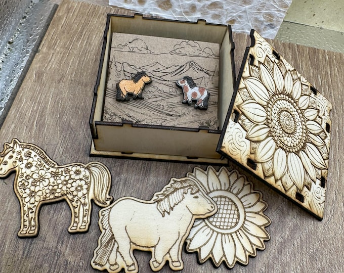 Custom Hand-Painted Pony Earrings in a Gift Box – with Bonus Horse & Sunflower Wood Stickers