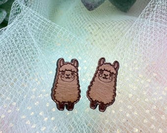 Kawaii Alpaca Cherry Wood Earrings