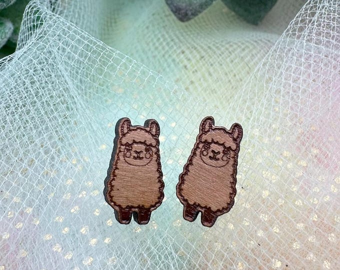 Kawaii Alpaca Cherry Wood Earrings