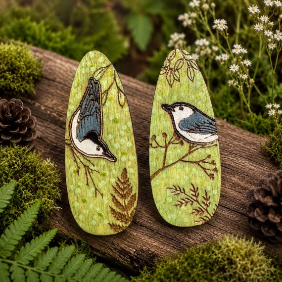 White-Breasted Nuthatch Hair Clips, Hand Painted Woodland Barrettes | American Basswood | Pair