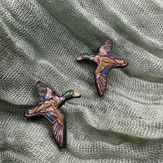 Mallard Duck Stud Earrings - Hand-Painted Wooden Bird Jewelry