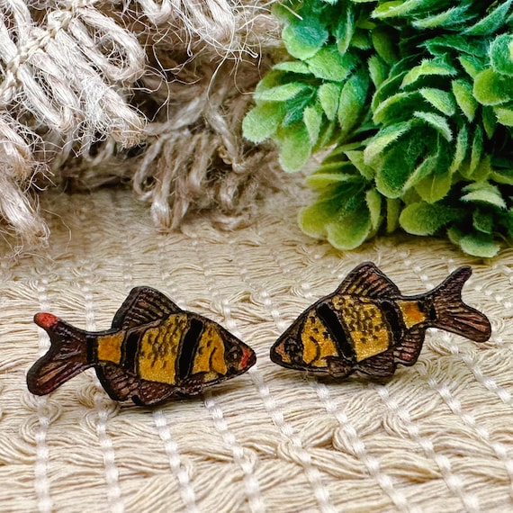 Tiger Barb Fish Earrings: Hand Painted Wood Studs for Aquarium Lovers