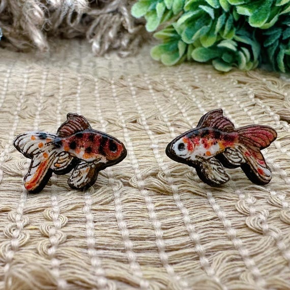 Custom Goldfish Earrings: Hand Painted Wood Studs, Personalized