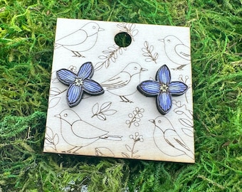 Wild Bluet Flower Stud Earrings – Hand Painted Wood Jewelry Inspired by Appalachian Wildflowers