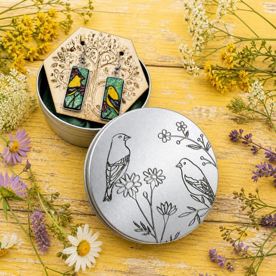 Goldfinch Dangle Stainless Steel Bezel Earrings in a Giftable Tin
