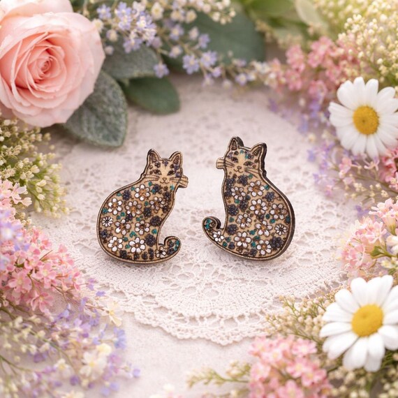 Wooden Cat Earrings: Floral Kitty Doodle (Lightweight, Hand-Painted)