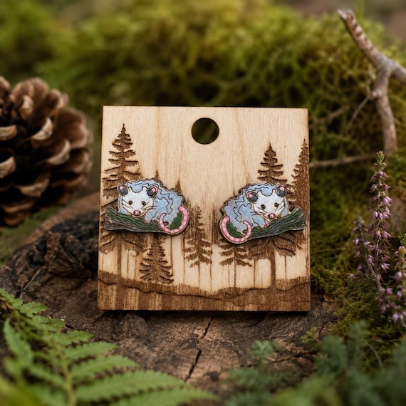 Handmade Opossum Stud Earrings, Necklace, Hair Clips, or Pin