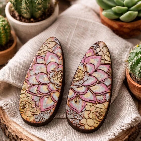 Succulents Hand Painted Cherry Wood Hair Clip