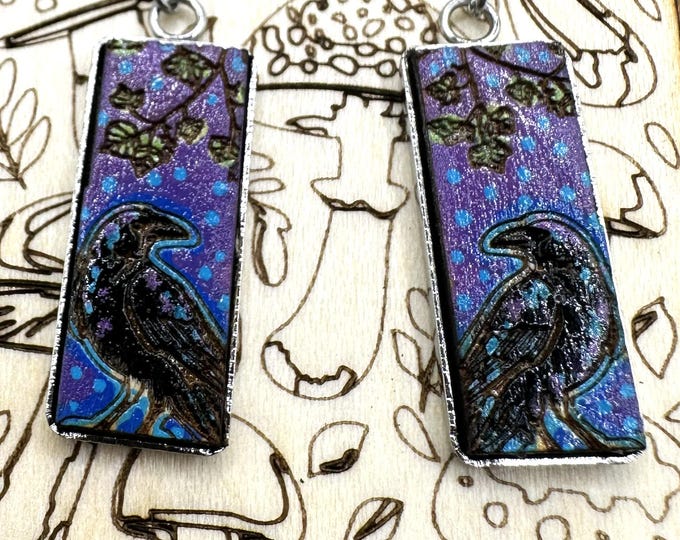Hand-Painted Crow Earrings • Stainless Steel • 10×25mm • Wood Art Jewelry