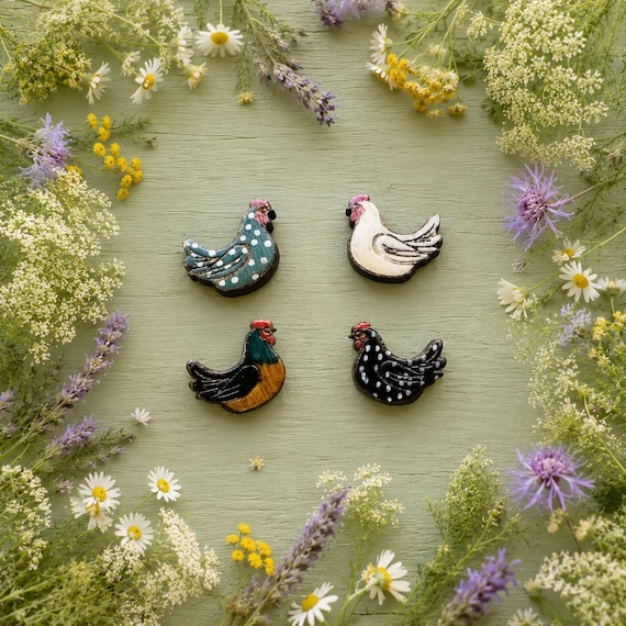 Hand-Painted Chicken Stud Earrings in a Wood Gift Box