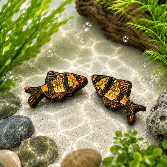 Tiger Barb Fish Earrings: Hand Painted Wood Studs for Aquarium Lovers