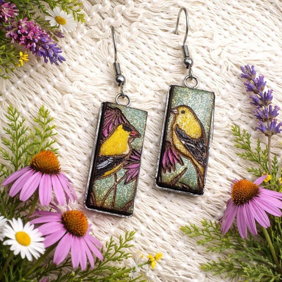 Goldfinch Dangle Stainless Steel Bezel Earrings with French Hooks