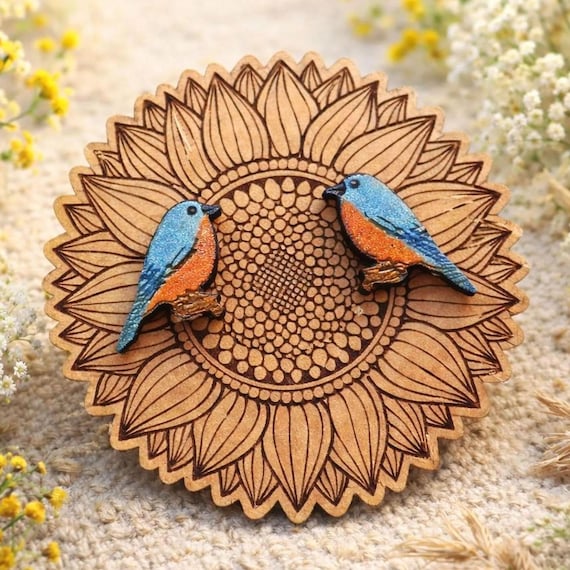 Hand-Painted Bluebird Stud Earrings: Lightweight Wood Bird Jewelry