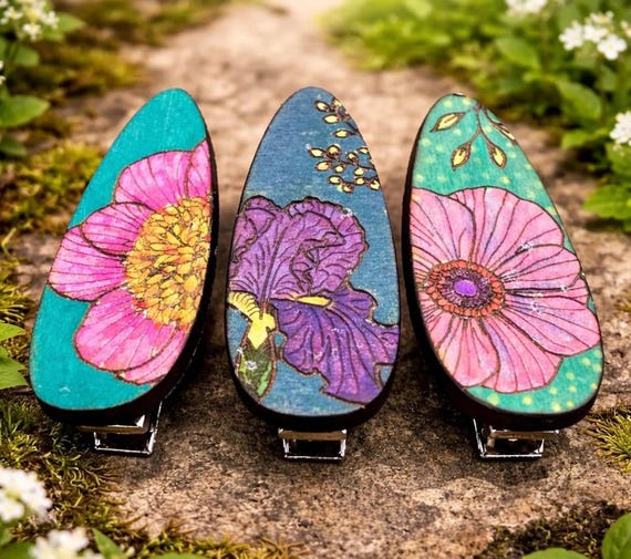 Floral Hair Clips Laser Cut from Wood and Hand Painted