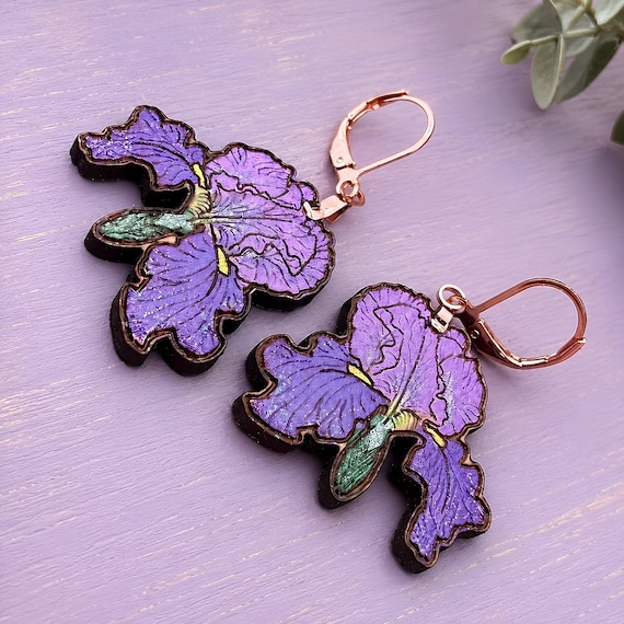 Iris Dangle Earrings- French hook or Leverback Wood Floral