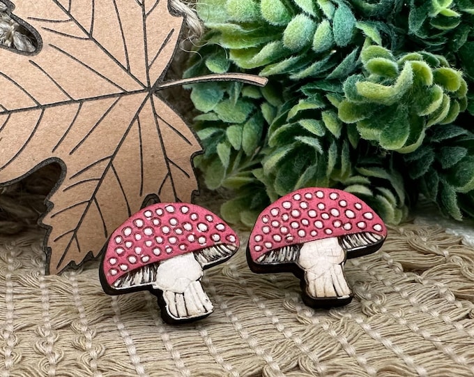 Mushroom Earrings in a wood gift box