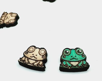 Pairs Cute Frog Crown Wood Earring Blanks, Unfinished Earrings, Laser Engraved Froggie Charms for Crafts or Jewelry