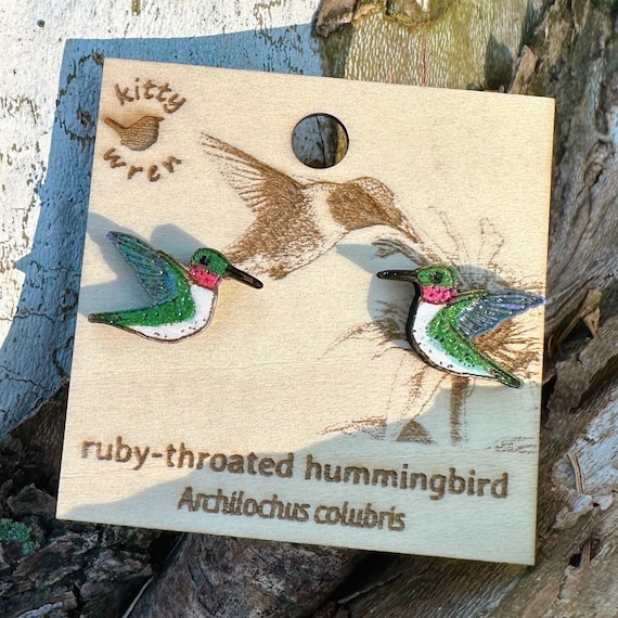 Ruby-Throated Hummingbird Earrings | Hand Painted Bird Studs