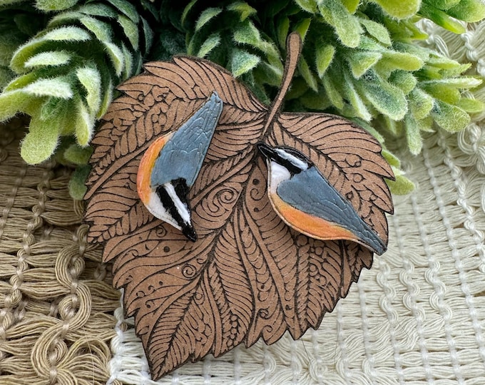Asymmetrical Rose-Breasted Nuthatch Bird Earrings