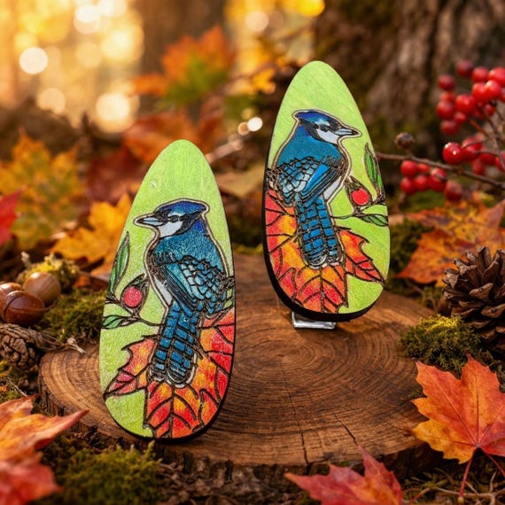Blue Jay Hair Clips Laser Cut from Wood and Hand Painted