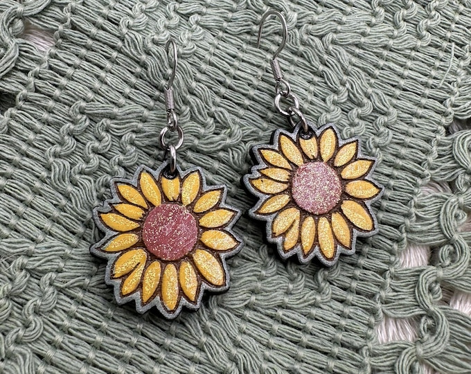 Hand-Painted Sunflower Wood Dangle Earrings – Lightweight, Laser Cut, Stainless Steel Hooks