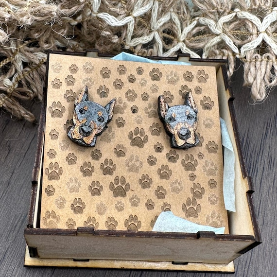 Dobermann Earrings: Laser Cut Wood, Handpainted - Sensitive Ear Posts