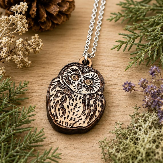 Owl Necklace: Northern Saw-whet Design - Cherrywood Pendant