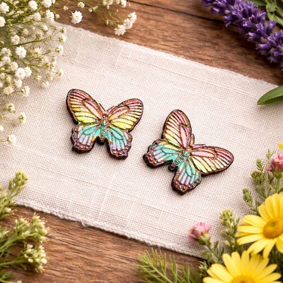 Rainbow Butterfly Stud Earrings, Pastel Wood (Lightweight, Hand Painted)
