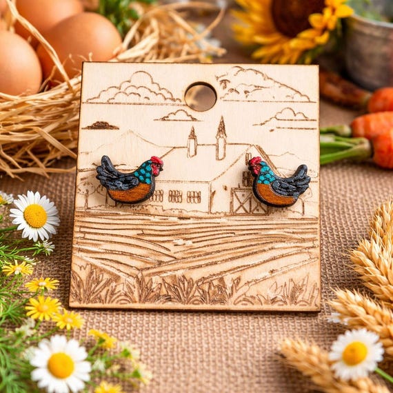 Chicken Stud Earrings Hand Painted Wood with Stainless Steel Posts