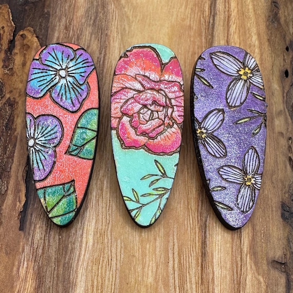 Floral Hair Clips Laser Cut from Wood and Hand Painted