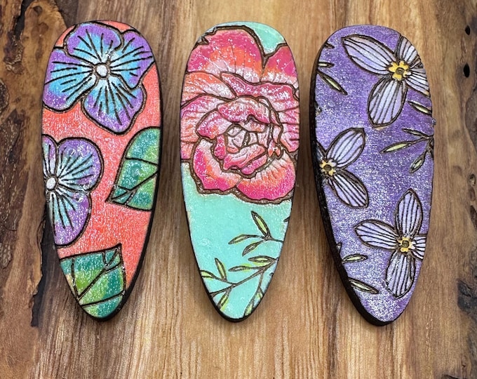 Floral Hair Clips Laser Cut from Wood and Hand Painted