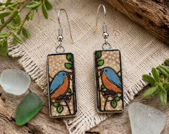 Pendientes Bluebird - Colgantes de madera pintados a mano con acero inoxidable