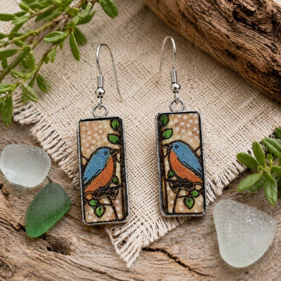 Bluebird Earrings - Stainless Steel Hand-Painted Wood Dangles