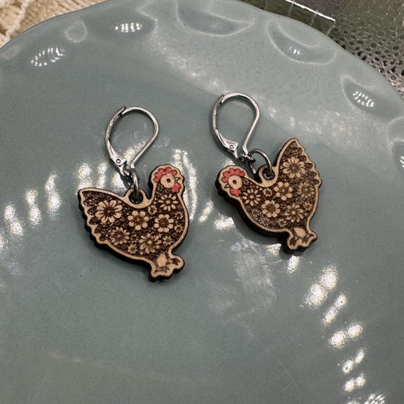 Floral Chicken Design Wood and Stainless Steel Leverback Earrings
