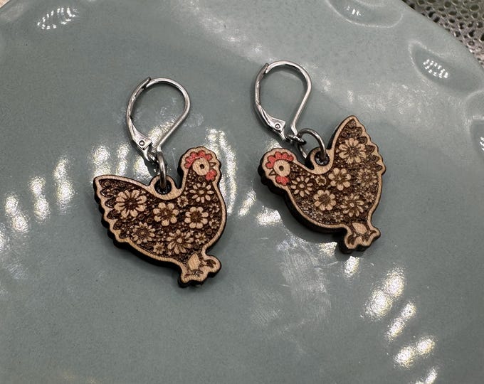 Floral Chicken Design Wood and Stainless Steel Leverback Earrings