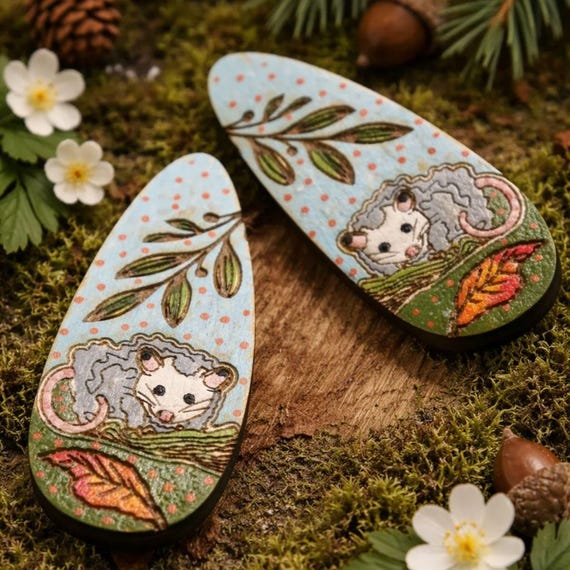 Opossum Hair Clips Laser Cut from Wood and Hand Painted