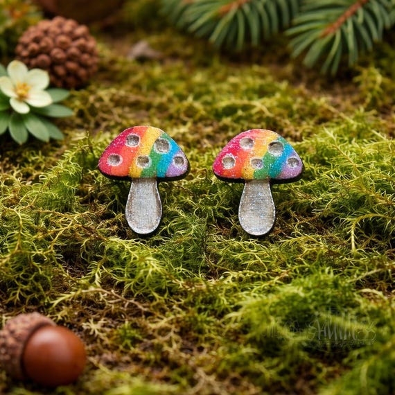 Mushroom Earrings: Rainbow Glitter, Handmade - Lightweight Wood